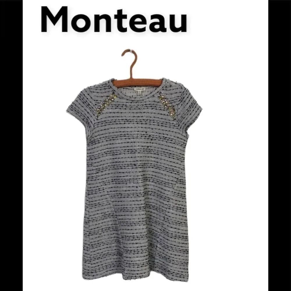 Monteau Girls Grey Embellished Short Sleeve Tweed Knit Dress L 12